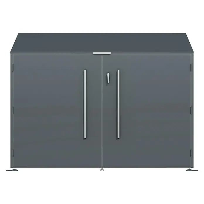 Westmann Fahrradgarage Linea - Anthrazit - Dunkelgrauer Metall-Outdoor-Schrank mit Doppeltüren und silbernen Griffen.