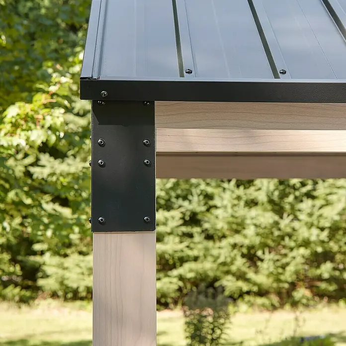 Sojag Standard-Pavillon Lito 1012 - L x B x H: 368,4 x 298 x 296 cm, Natur/Schwarz, Aluminium - Dunkelgraue Metalleckverbindung mit geripptem Dach und hellem Holzbalken.