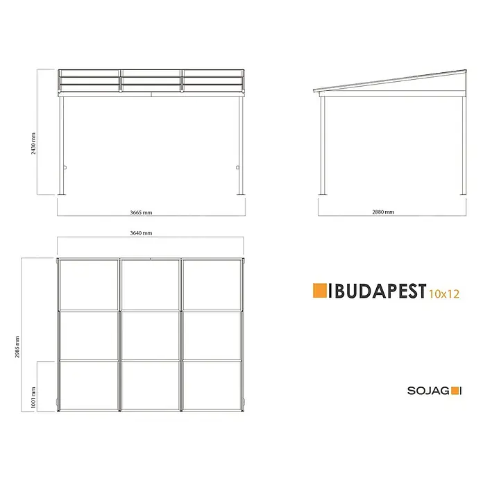 Sojag Terrassenüberdachung Budavar - Schwarz, Metall, L x B x H: 298,5 x 366,5 x 243 cm - Technische Zeichnungen einer 'Budapest 10x12' Outdoor-Struktur, mit Vorder-, Seiten- und Draufsichten sowie Bemaßungen.