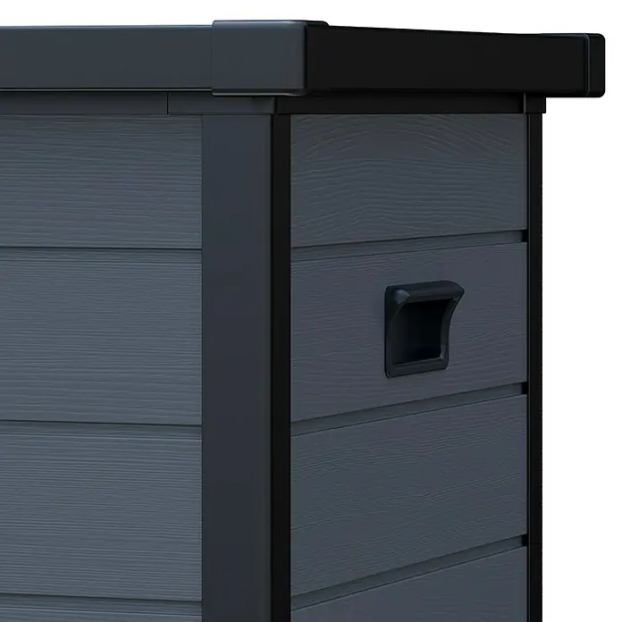 Westmann Kissenbox Silva - 74 x 150 x 66 cm, Kunststoff, Grau - Dunkelgraue Holzoptik-Aufbewahrungsbox Ecke mit schwarzem Rahmen und integriertem Griff.