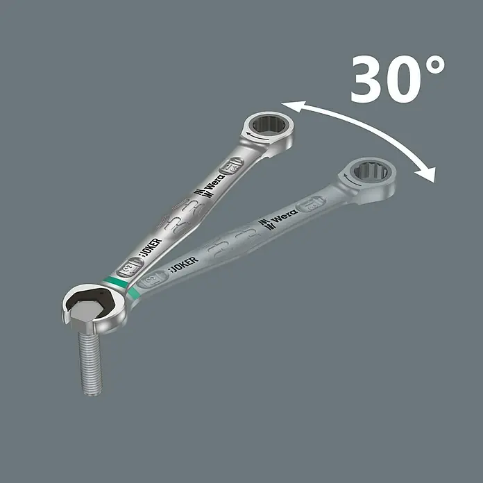 Wera Ringmaulschlüssel-Satz Joker - Schlüsselweite: 8 mm - 19 mm, 11 -tlg. - Das Bild zeigt einen Wera Joker Ratschenschlüssel mit einem 30°-Winkel, der auf einer Schraube angebracht ist.