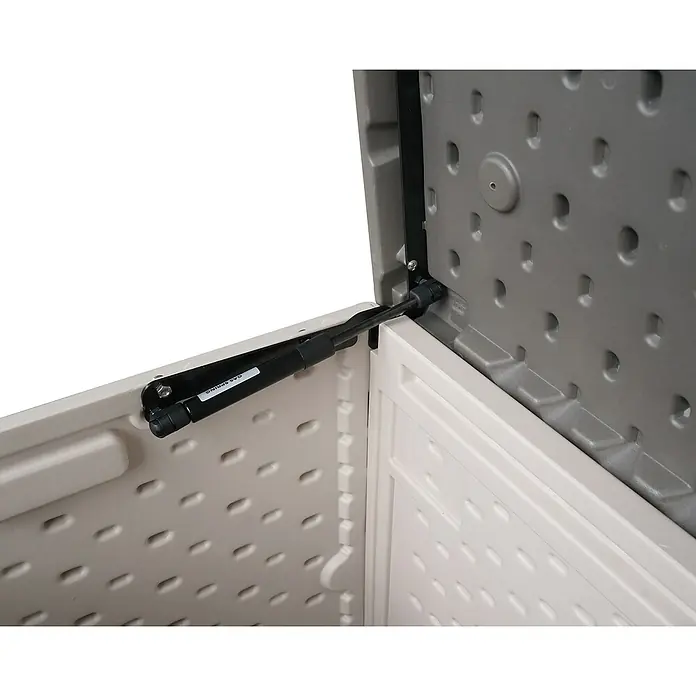 Westmann Kissenbox Alba - 63 x 128 x 64 cm, Kunststoff, Beige - Interieur einer beigen und grauen Kunststoff-Aufbewahrungsbox mit schwarzem Gasfeder-Deckelheber.