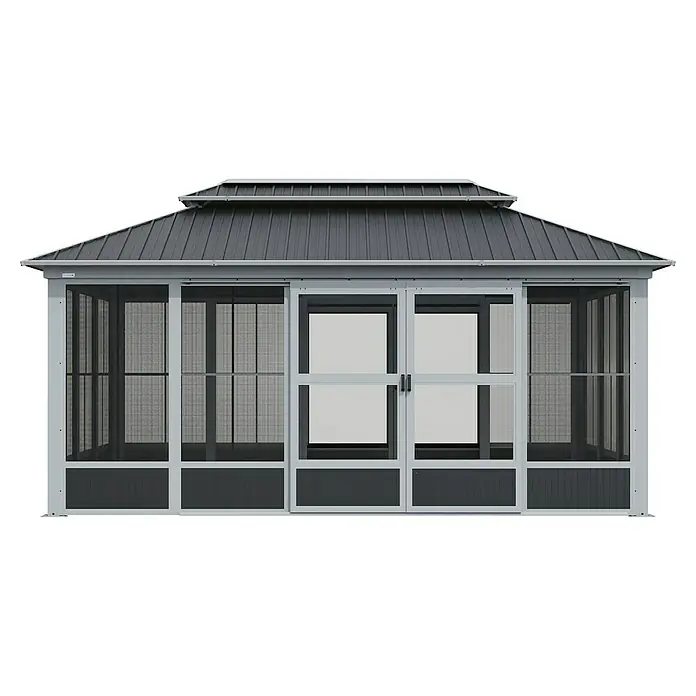 Sojag Standard-Pavillon Olan 1017 - Grau, Schwarz, Metall, L x B x H: 310 x 529,5 x 291 cm - Grauer Pavillon mit dunkelgrauem Metalldach, Siebseiten und zentraler Doppeltür mit hellen Paneelen.