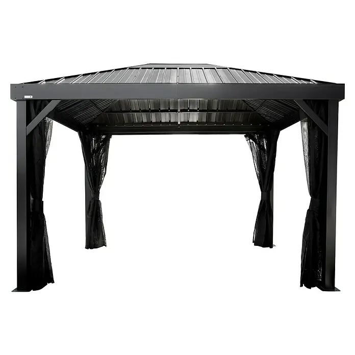 Sojag Standard-Pavillon Kiruna 1012 - Anthrazit, Metall, L x B x H: 299,3 x 364,3 x 297,6 cm - Dunkelgraues Metall-Pavillon mit schwarzen Netzvorhängen für Schatten im Freien.