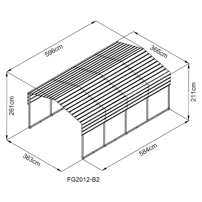 Westmann Carport Carport Kopenhagen M - Außenmaß inkl. Dachüberstand (B x T): 3,66 x 5,96 m, Einzelcarport, Grau - Metallrahmen eines Tunnelgewächshauses, ca. 5,96m lang, 3,66m breit und 2,61m hoch.