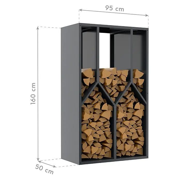 Westmann Kaminholzregal - 50 x 95 x 160 cm, Stahl, Anthrazit, Castra B - Graues Metall-Brennholzregal, 160 cm hoch, 95 cm breit, 50 cm tief, mit Holzscheiten gefüllt.