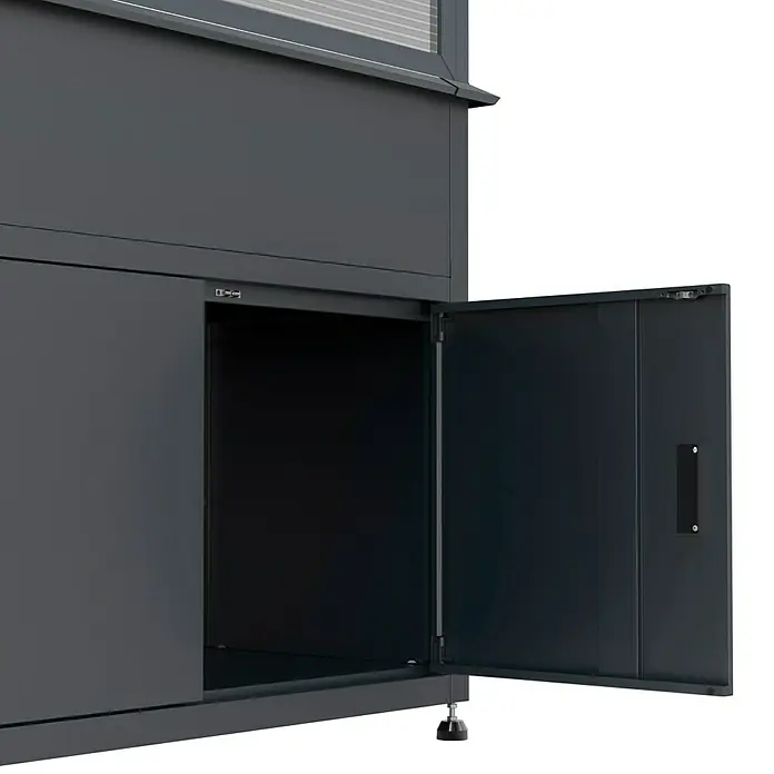 Westmann Hochbeet Plex Plus mit Frühbeetaufsatz - 50 x 100 x 120 cm, Metall, Anthrazit - Dunkelgrauer Metallschrank mit geöffneter Tür, zeigt Innenraum und verstellbare Füße.