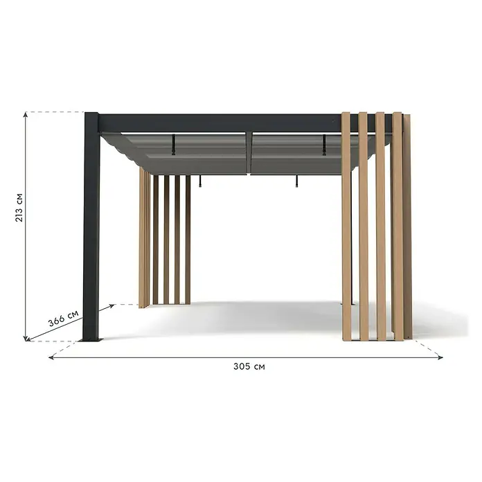Sojag Pergola Lito 1012 - Schwarz, Grau, Metall, L x B x H: 378,5 x 302,3 x 234,5 cm - Moderne Pergola aus schwarzem Metall mit einziehbarem grauem Stoffdach und hellen Holzlattenseitenwänden. Gesamtabmessungen 305x366x213 cm.