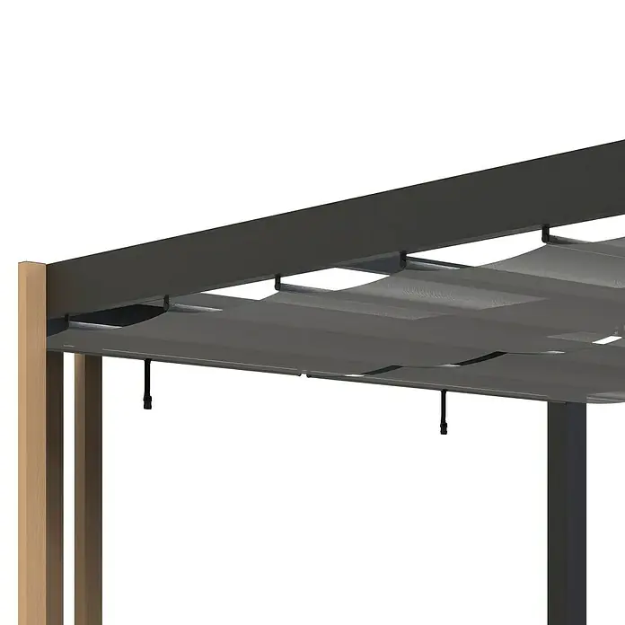 Sojag Pergola Lito 1012 - Schwarz, Grau, Metall, L x B x H: 378,5 x 302,3 x 234,5 cm - Pergola mit hellbraunen Holzpfosten und einem dunkelgrauen Metallrahmen, der ein ausziehbares graues Stoffdach trägt.