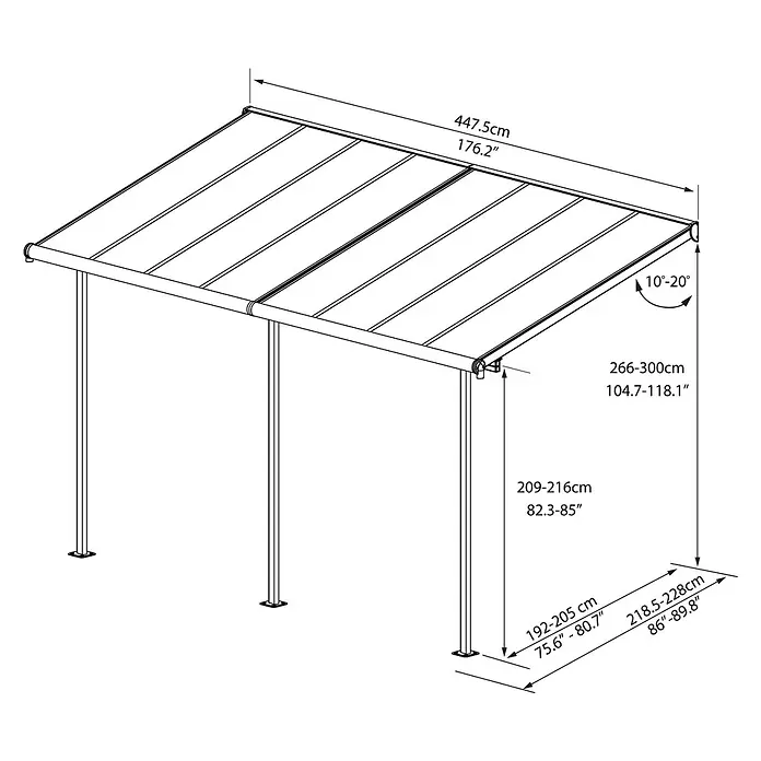 Palram – Canopia Terrassenüberdachung - B x T: 447,5 x 228 cm - Schematische Zeichnung einer Terrassenüberdachung mit einstellbaren Maßen für Höhe, Tiefe, Länge und Dachneigung.