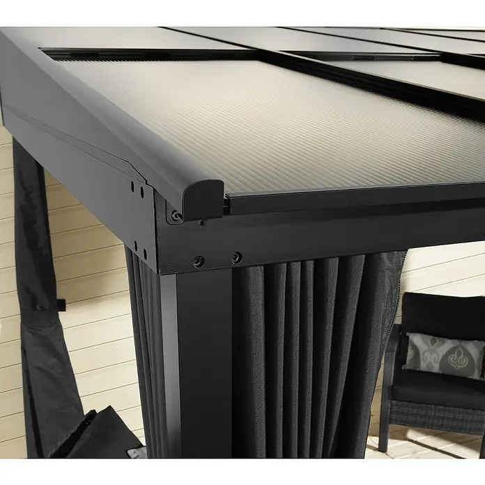Sojag Terrassenüberdachung St. Barth - L x B x H: 240,4 x 366,8 x 240,2 cm, Metall, Schwarz - Schwarze Pavillon-Ecke mit transluzentem Wellendach und schwarzen Sichtschutzvorhängen.