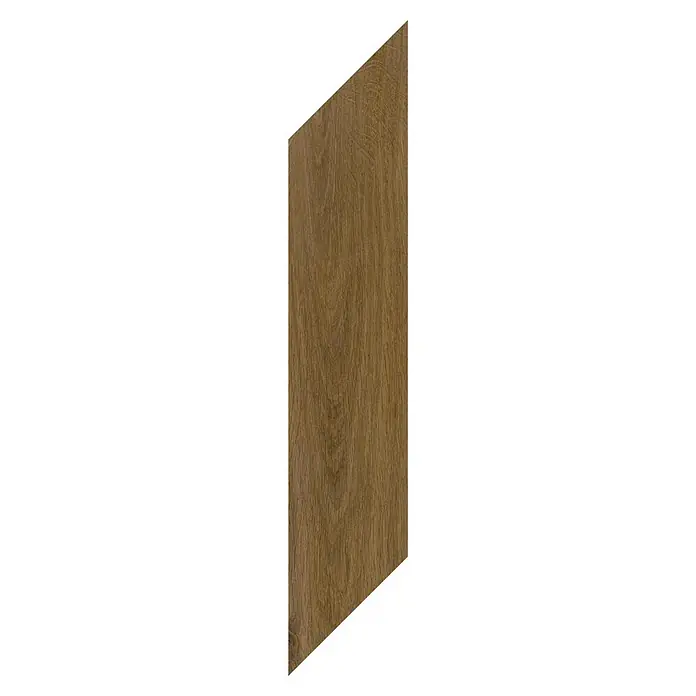 Vinylboden SPC Chevron - Frisco Eiche, 120 x 600 x 4,5 mm - Schräge braune Holzplatte mit natürlicher Holzmaserung.