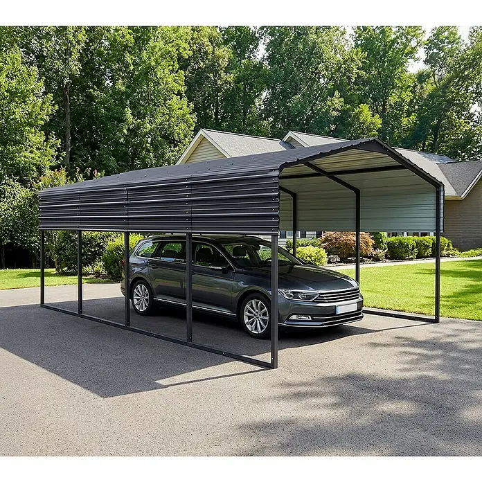 Westmann Carport Carport Kopenhagen M - Außenmaß inkl. Dachüberstand (B x T): 3,66 x 5,96 m, Einzelcarport, Grau - Dunkelgraues Wellblech-Carport, das ein Auto auf einer Einfahrt schützt.