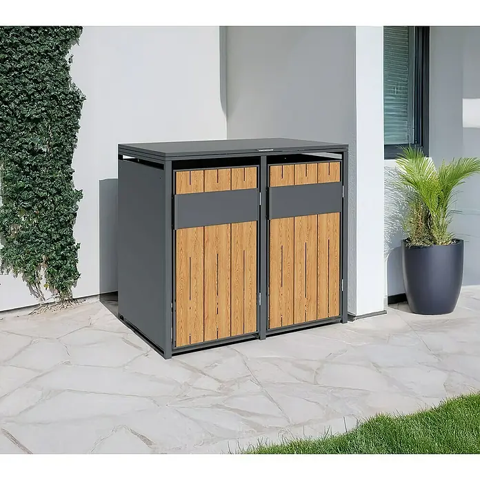 Westmann Mülltonnenbox Varius - Stahl, Anthrazit & Holzoptik, Geeignet für Anzahl Mülltonnen: 2 Stk. - Outdoor Mülltonnenbox aus dunkelgrauem Metall und hellbraunem Holz auf einer Terrasse.