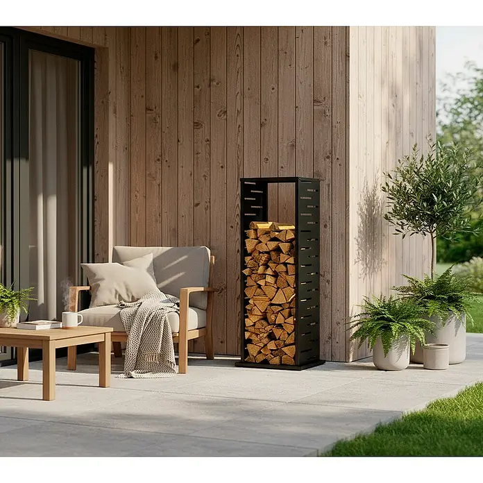 Westmann Kaminholzregal - 37,5 x 37,5 x 112 cm, Stahl, Anthrazit, Luma Grid - Schwarzes Metall-Brennholzregal, gefüllt mit Holz, auf einer Terrasse.