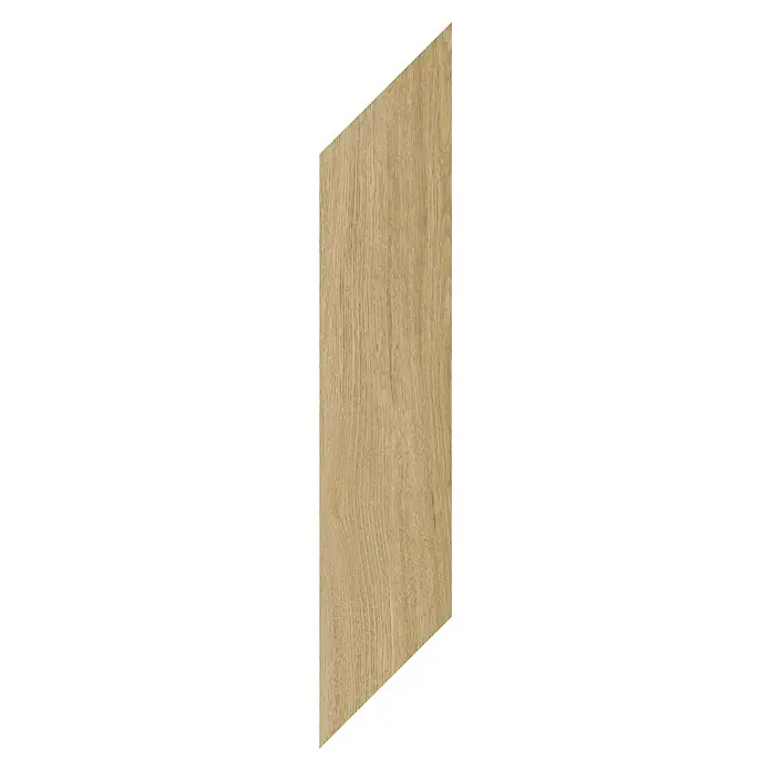 Vinylboden SPC Chevron - Arvada Eiche, 120 x 600 x 4,5 mm - Helle Holzplatte mit natürlicher vertikaler Maserung und schrägen Kanten.