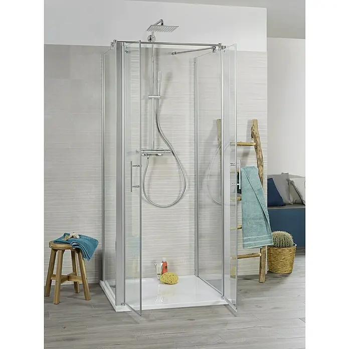 Camargue Vario Duschwand für Doppelpendeltür S37 - B x H: 90 x 195 cm, Beschichtet, Silber - Duschkabine mit klaren Glastüren und Chromrahmen, ideal für moderne Badezimmer. Die Duschabtrennung bietet ein elegantes Design.