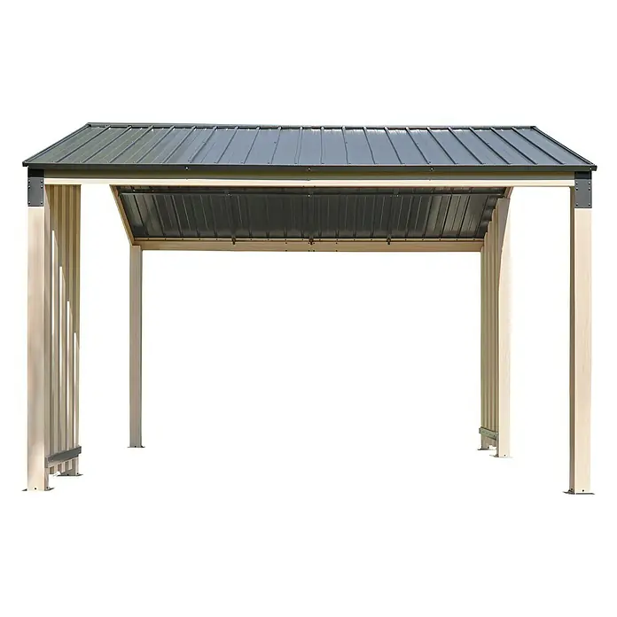 Sojag Standard-Pavillon Lito 1012 - L x B x H: 368,4 x 298 x 296 cm, Natur/Schwarz, Aluminium - Hölzerne Pergola mit dunkelgrauem Wellblechdach, robusten Pfosten und offenem Design.