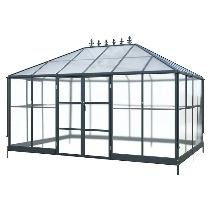 Westmann Gewächshaus Suprema XL - Außenbreite inkl. Dachüberstand: 421 cm, Schwarz - Dunkelgraues Gewächshaus mit Metallrahmen, durchscheinenden Paneelen, Doppeltüren und dekorativen Dachspitzen.