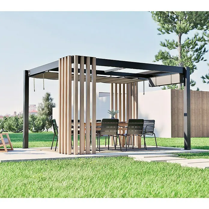 Sojag Pergola Lito 1012 - Schwarz, Grau, Metall, L x B x H: 378,5 x 302,3 x 234,5 cm - Moderne Pergola mit schwarzem Rahmen und Holzlamellen, die einen Essbereich im Freien mit Tisch und Stühlen auf einer Terrasse beschattet.