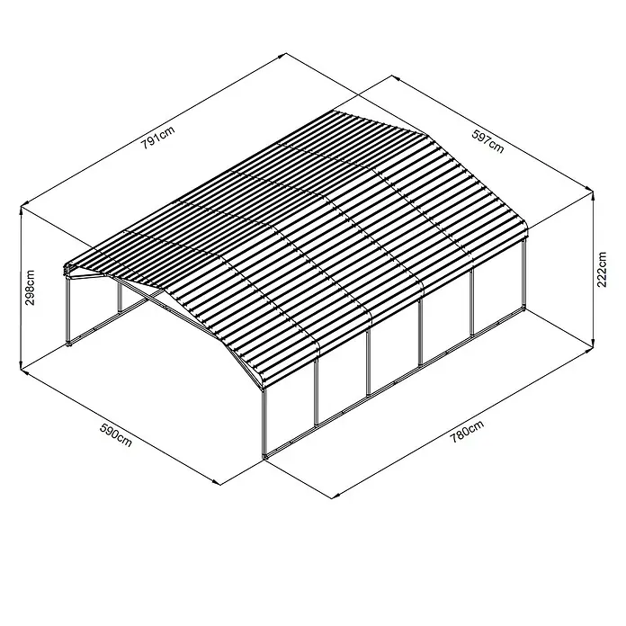 Westmann Carport Carport Kopenhagen L - Außenmaß inkl. Dachüberstand (B x T): 7,91 x 5,97 m, Doppelcarport, Grau - Technische Zeichnung eines großen Carports mit gebogenem, geripptem Dach, 780x590cm Grundfläche, 298cm max. Höhe.