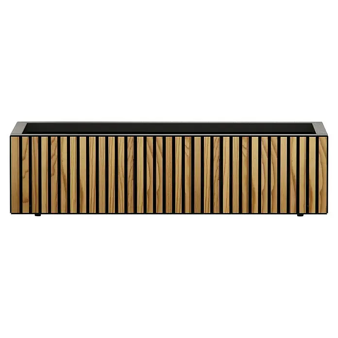 Herstera Garden Pflanzkasten Deco Planter - Außenmaß (L x B x H): 100 x 40 x 25 cm, Holz, Braun/Schwarz - Rechteckiger Pflanzkübel mit hellen Holzlamellen und grauem Rand, innen schwarz.