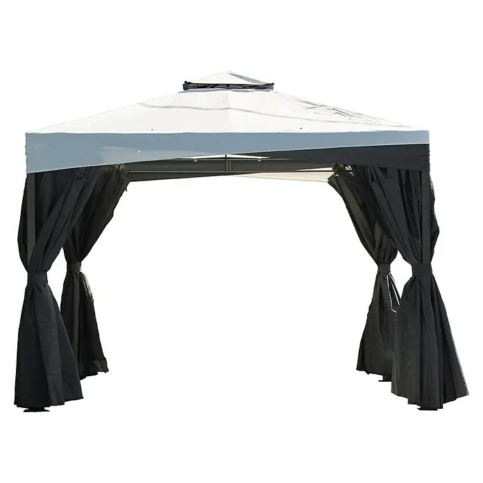 Sojag Standard-Pavillon Malta 1010 - L x B: 305 x 305 cm - Zweifarbiger Pavillon mit weißem Dach und dunkelgrauen, offen gebundenen Vorhängen.