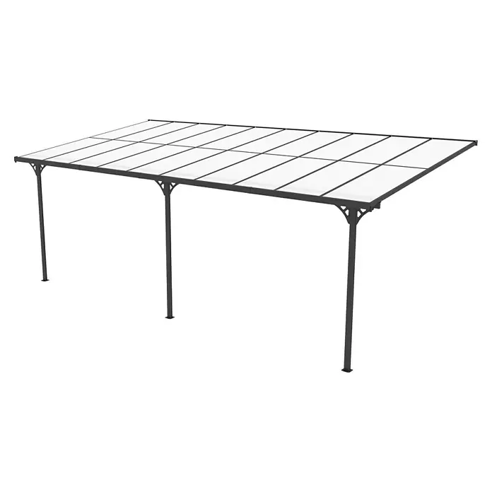 Westmann Terrassenüberdachung Bruce 617 - L x B x H: 300 x 617 x 270 cm, Schwarz - Dunkelgraue Metall-Pergola mit rechteckigem, transluzentem weißem Dach auf vier Pfosten.