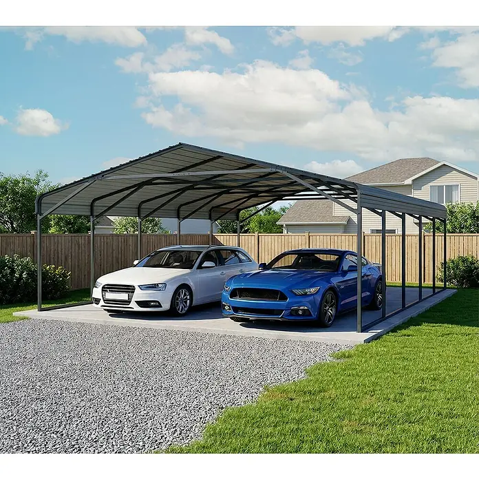 Westmann Carport Carport Kopenhagen L - Außenmaß inkl. Dachüberstand (B x T): 7,91 x 5,97 m, Doppelcarport, Grau - Großes graues Metallcarport schützt zwei Autos (weiß und blau) auf Betonplatte, mit Kiesauffahrt und Rasen.