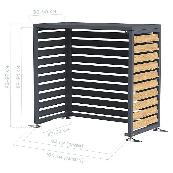 Westmann Verkleidung Boxa S - Ausführungseigenschaft: L 100 x B 56 x H 97 cm, Anthrazit mit Holzoptik - Dunkelgraue Lamellen-Sichtschutzwand/-Mülltontonnenbox mit hellen Holzdetails und verstellbaren Füßen, Maße angezeigt.