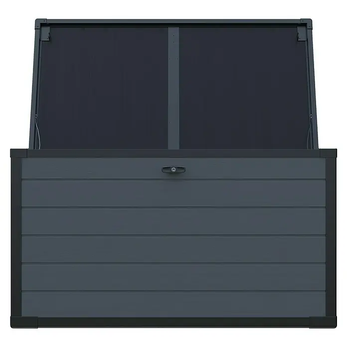Westmann Kissenbox Silva - 74 x 150 x 66 cm, Kunststoff, Grau - Dunkelgraue Aufbewahrungsbox mit Holzmaserung und offenem Deckel.