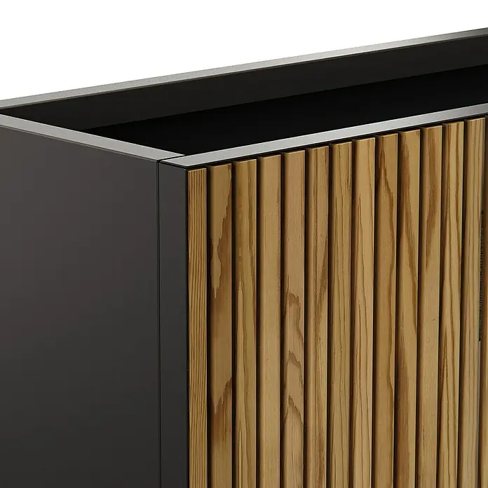 Herstera Garden Pflanzkasten Deco Planter - Außenmaß (L x B x H): 120 x 40 x 80 cm, Holz, Braun/Schwarz - Dunkelgrauer rechteckiger Blumenkasten mit natürlichen Holzlamellen an einer Seite und silberner Oberkante.