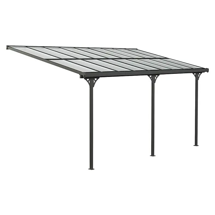 Westmann Terrassenüberdachung Bruce - L x B x H: 300 x 556 x 270 cm, Schwarz - Dunkelgraues Anlehn-Terrassendach mit transluzenten Dachplatten und drei Stützpfosten.