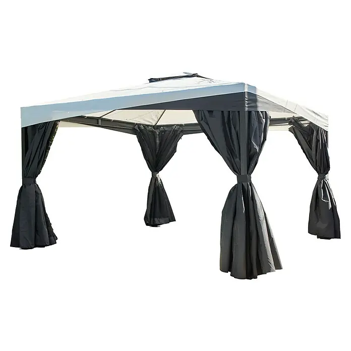 Sojag Standard-Pavillon Malta 1014 - L x B: 305 x 430 cm - Weiß-grauer Pavillon mit zurückgebundenen grauen Vorhängen.