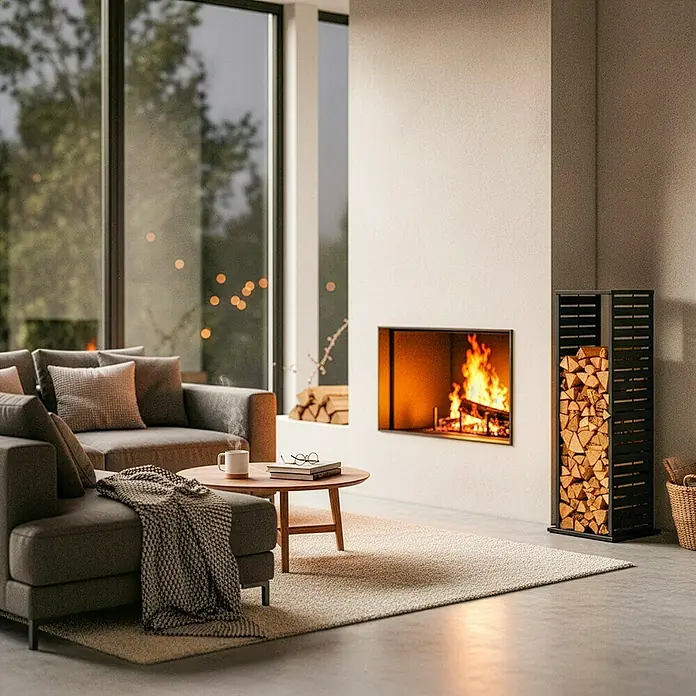 Westmann Kaminholzregal - 37,5 x 37,5 x 112 cm, Stahl, Anthrazit, Luma Lane - Schwarzer Lamellen-Holzhalter, mit Brennholz gefüllt, neben einem modernen Kamin in einem Wohnzimmer.