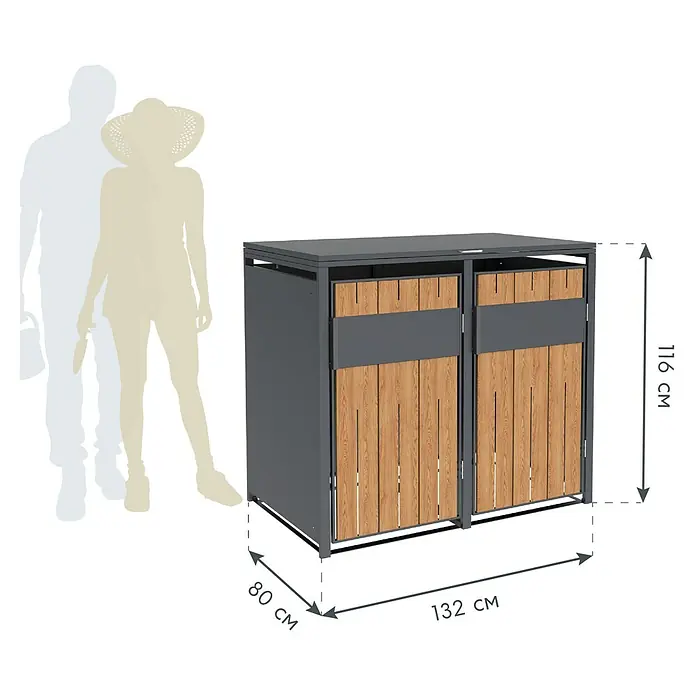 Westmann Mülltonnenbox Varius - Stahl, Anthrazit & Holzoptik, Geeignet für Anzahl Mülltonnen: 2 Stk. - Zweitüriger Mülltonnenunterstand aus grauem Metall und Holzlamellen, 132x80x116 cm, mit menschlichen Silhouetten zum Größenvergleich.