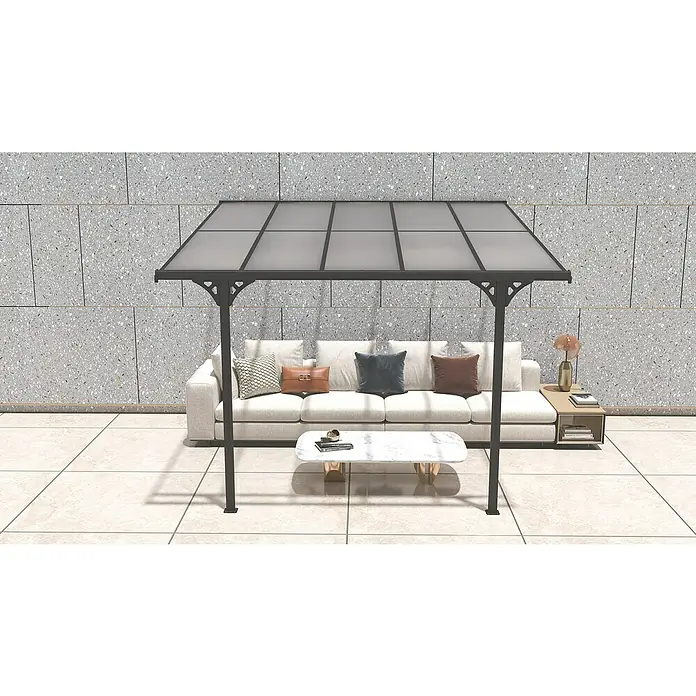 Westmann Terrassenüberdachung Bruce - L x B x H: 300 x 313 x 270 cm, Schwarz - Dunkelgraue Metallpergola mit klarem Wellplattendach, spendet Schatten über Outdoor-Sofa und Couchtisch.