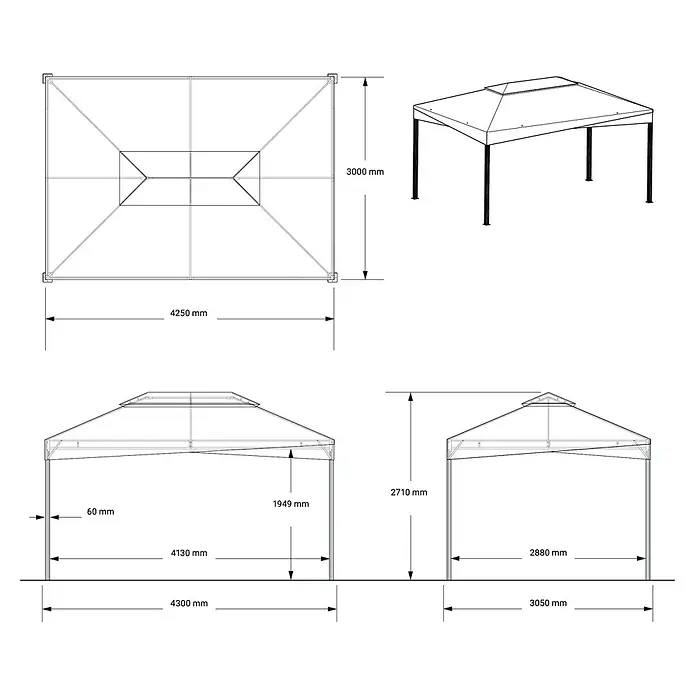 Sojag Standard-Pavillon Malta 1014 - L x B: 305 x 430 cm - Maßzeichnung eines Metallpavillons mit doppelstöckigem Dach.