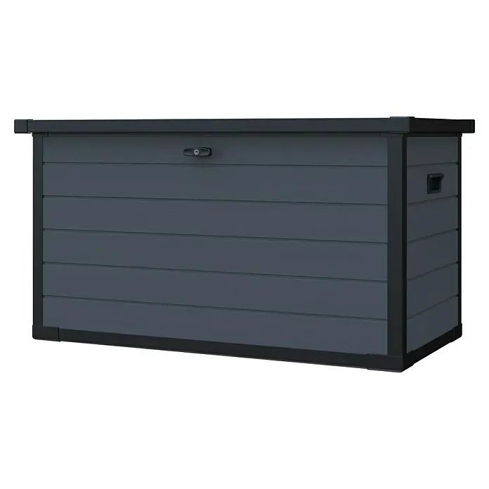 Westmann Kissenbox Silva - 74 x 150 x 66 cm, Kunststoff, Grau - Dunkelgraue, holzgemaserte Outdoor-Aufbewahrungsbox mit schwarzem Rahmen und abschließbarem Deckel.