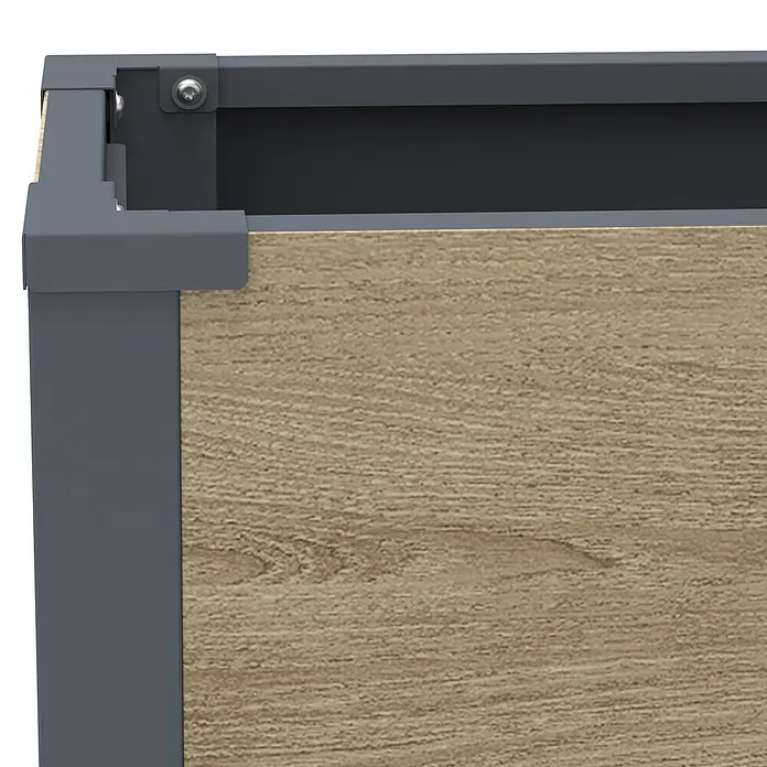 Westmann Pflanzkasten Talus L - Außenmaß (L x B x H): 100 x 25 x 52 cm, Metall, Braun - Ecke eines Pflanzkastens mit dunkelgrauem Metallrahmen und hellbrauner Holzmaserungsplatte.