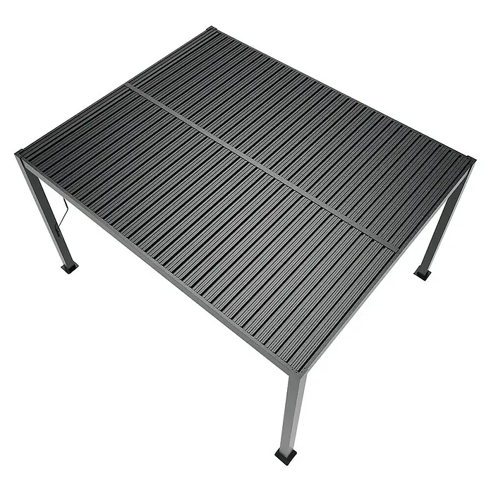 Sojag Standard-Pavillon Milo 1012 - B x H: 297,5 x 224,6 cm, Schwarz, Material Gestell: Stahl - Dunkelgraue Metallpergola mit Lamellendach und vier Stützpfosten.