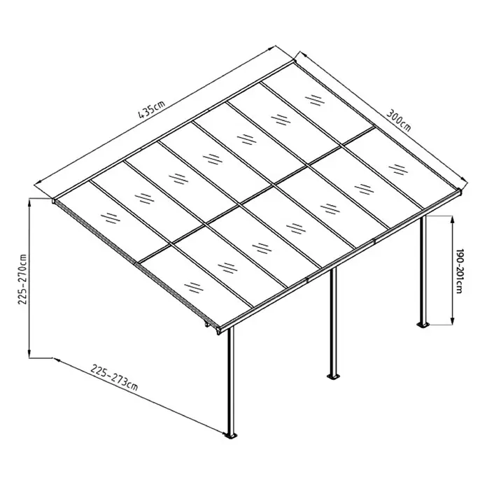 Westmann Terrassenüberdachung Bruce - L x B x H: 300 x 435 x 270 cm, Schwarz - Technisches Diagramm eines Carports/Terrassenüberdachung mit verstellbarer Höhe, Längen (435cm), Breiten (300cm) und Höhenbereichen (190-270cm).