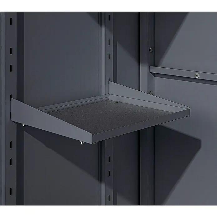 Westmann Gartenschrank - 65 x 90 x 187 cm, Anthrazit - Dunkelgraues Metallregal in einem Schrank, gestützt von Halterungen an verstellbaren Schienen, mit einer strukturierten Oberfläche.