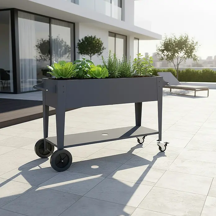 Westmann Hochbeet Mobila Plus - 50 x 118 x 80 cm, Metall, Anthrazit - Dunkelgraues Hochbeet auf Rollen, bepflanzt mit verschiedenen grünen Pflanzen, auf einer Außenterrasse.