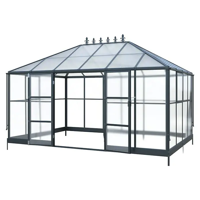 Westmann Gewächshaus Suprema XL - Außenbreite inkl. Dachüberstand: 421 cm, Schwarz - Dunkelgraues Gewächshaus mit transluzenten Paneelen, dekorativen Zieraufsätzen und Schiebetüren.