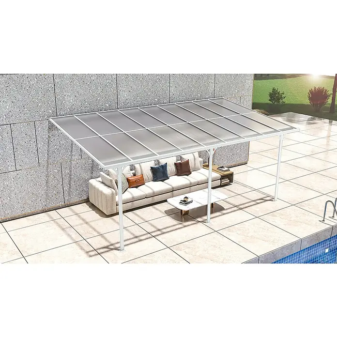 Westmann Terrassenüberdachung Bruce - Metall, Weiß, L x B x H: 300 x 556 x 270 mm - Weiße Terrassenüberdachung mit lichtdurchlässigen Platten, spendet Schatten über einer Außencouch und einem Couchtisch am Pool.
