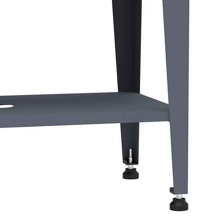 Westmann Hochbeet Mobila - 50 x 93 x 80 cm, Metall, Anthrazit - Unterer Bereich einer grauen Metallwerkbank mit verstellbaren schwarzen Nivellierfüßen.