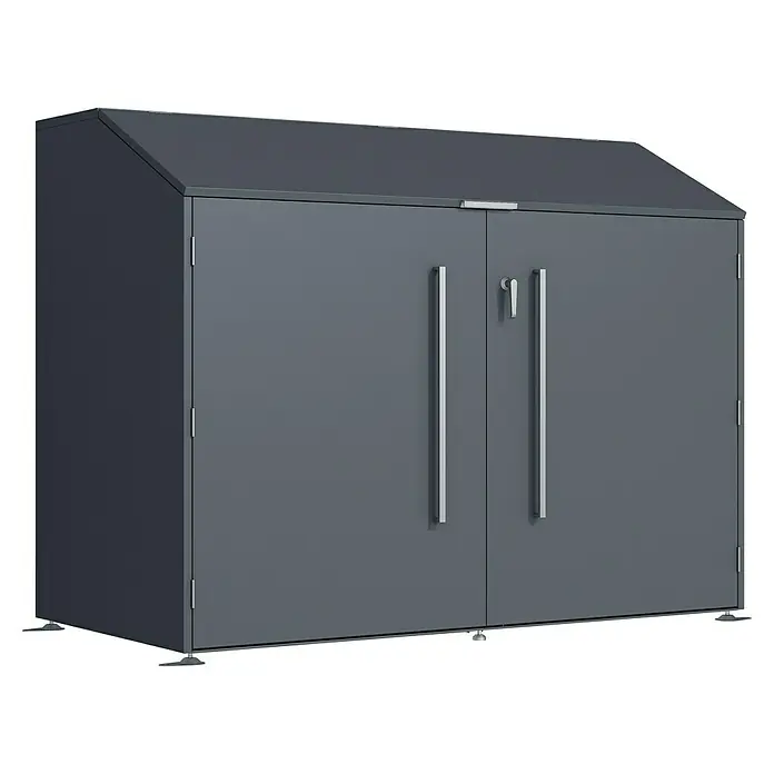 Westmann Fahrradgarage Linea - Anthrazit - Dunkelgrauer Metall-Gartenschrank mit schrägem Dach und Doppeltüren.