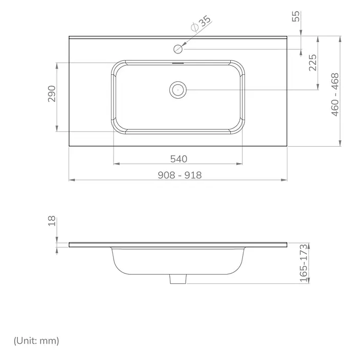 Lavabo empotrado Nairobi - 91 x 46 cm, Orificios para grifo: Medio, Sin desbordamiento, Blanco, Brillante - Dibujo técnico de un lavabo rectangular con cubeta ovalada integrada y dimensiones en mm.
