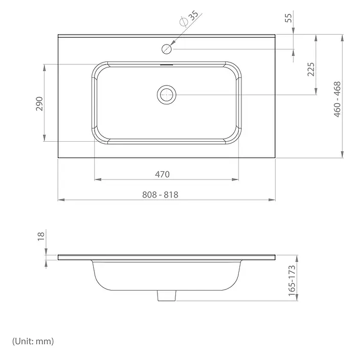Lavabo empotrado Nairobi - 81 x 46 cm, Orificios para grifo: Medio, Sin desbordamiento, Blanco, Brillante - Dibujo técnico de un lavabo rectangular con orificio para grifo y rebosadero, mostrando vistas superior y lateral con dimensiones.